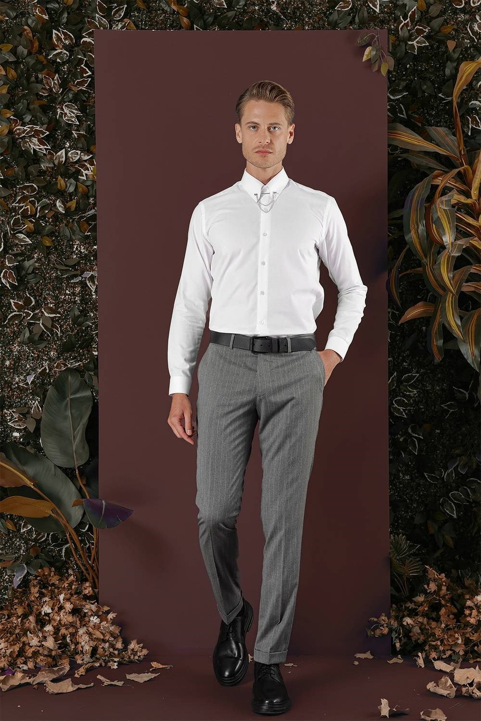 Slim Fit Esnek Yünlü Çizgili Gri Kumaş Pantolon P 1134