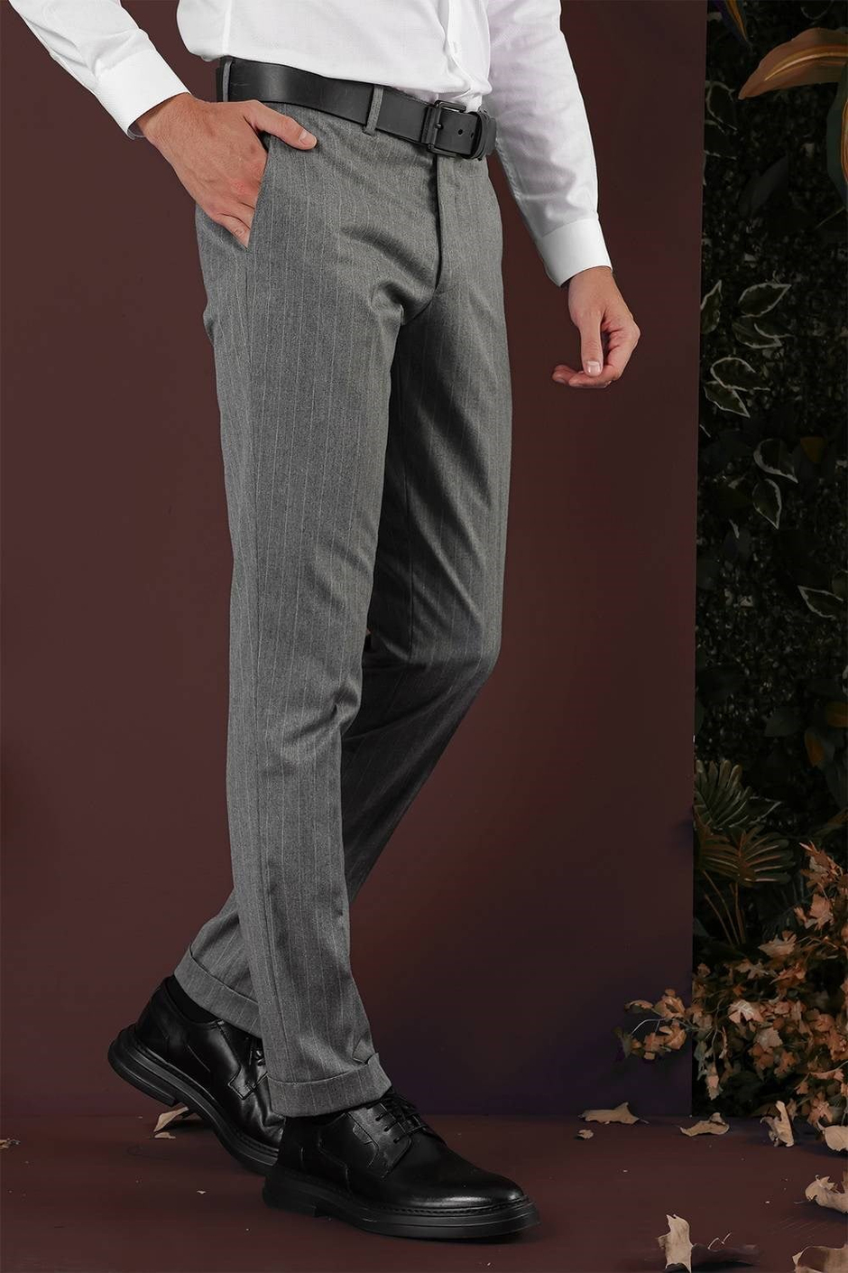 Slim Fit Esnek Yünlü Çizgili Gri Kumaş Pantolon P 1134