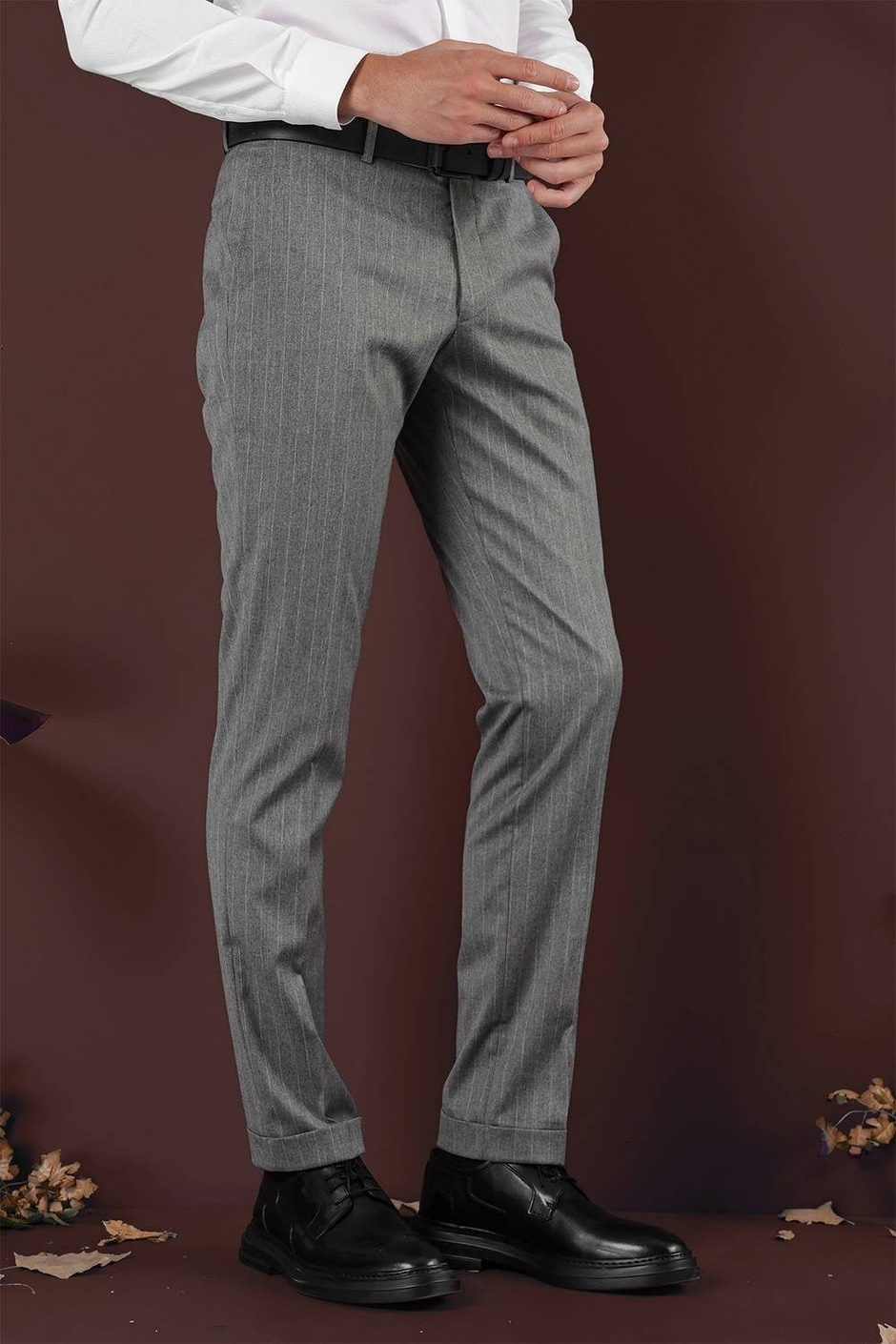 Slim Fit Esnek Yünlü Çizgili Gri Kumaş Pantolon P 1134