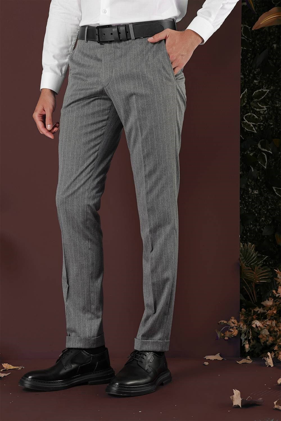 Slim Fit Esnek Yünlü Çizgili Gri Kumaş Pantolon P 1134