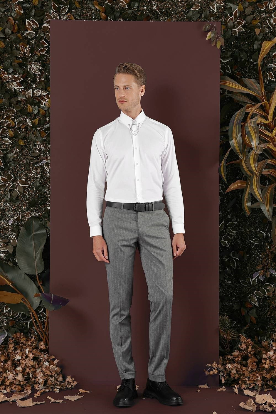 Slim Fit Esnek Yünlü Çizgili Gri Kumaş Pantolon P 1134