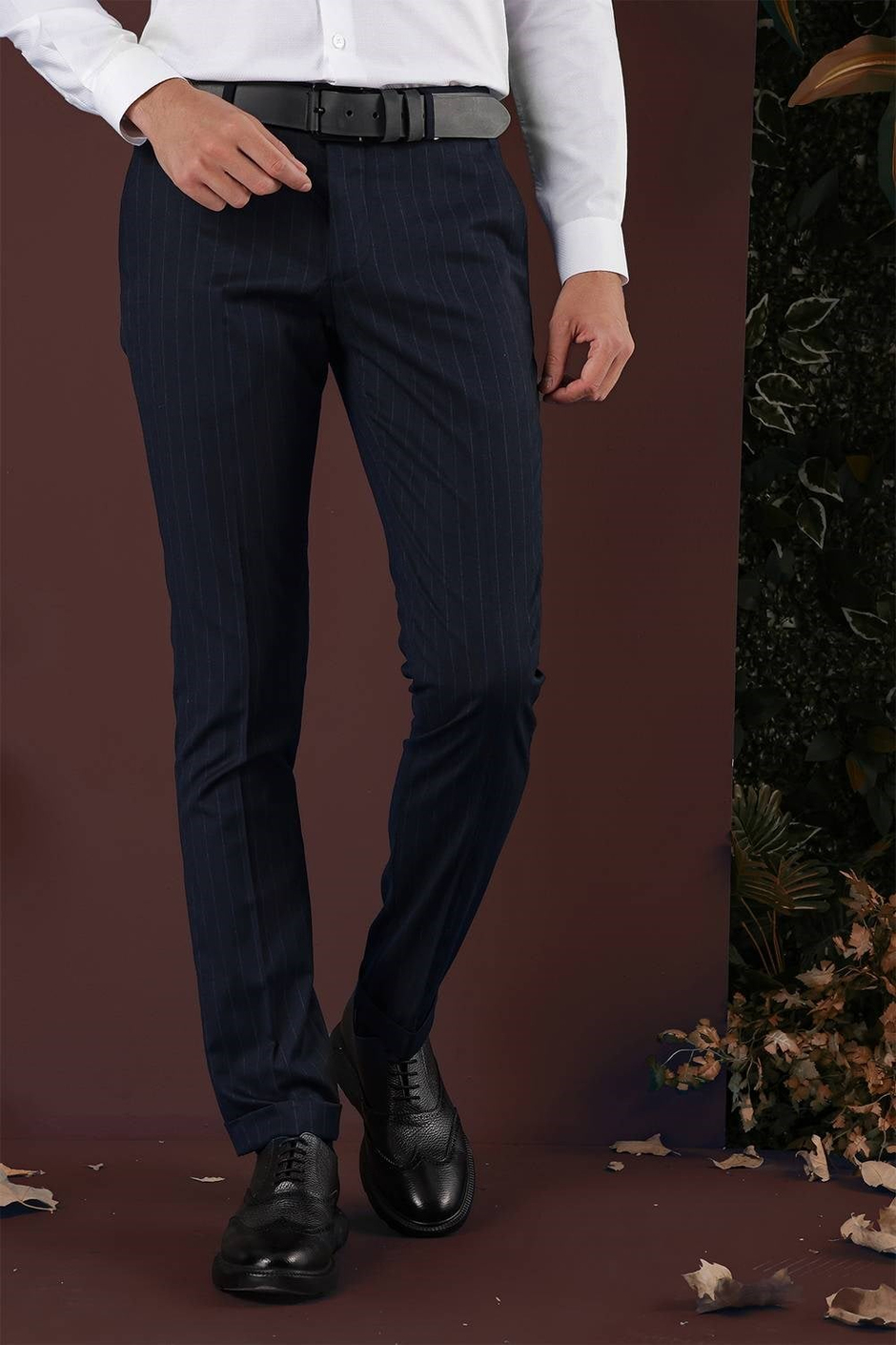 Slim Fit Esnek Yünlü Çizgili Lacivert Kumaş Pantolon P 1134