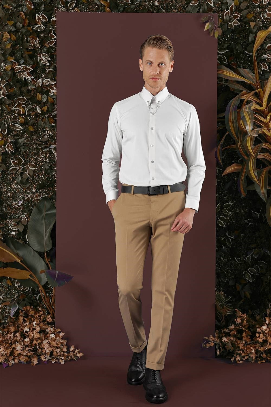 Slim Fit Esnek Yünlü Duble Paça Düz Taba Kumaş Pantolon P 1137