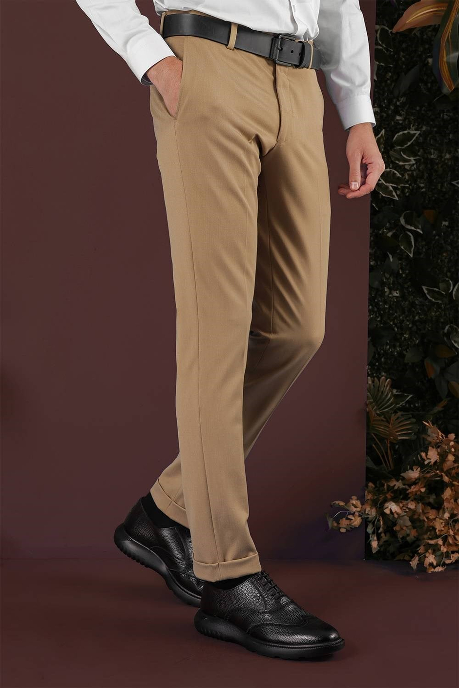 Slim Fit Esnek Yünlü Duble Paça Düz Taba Kumaş Pantolon P 1137