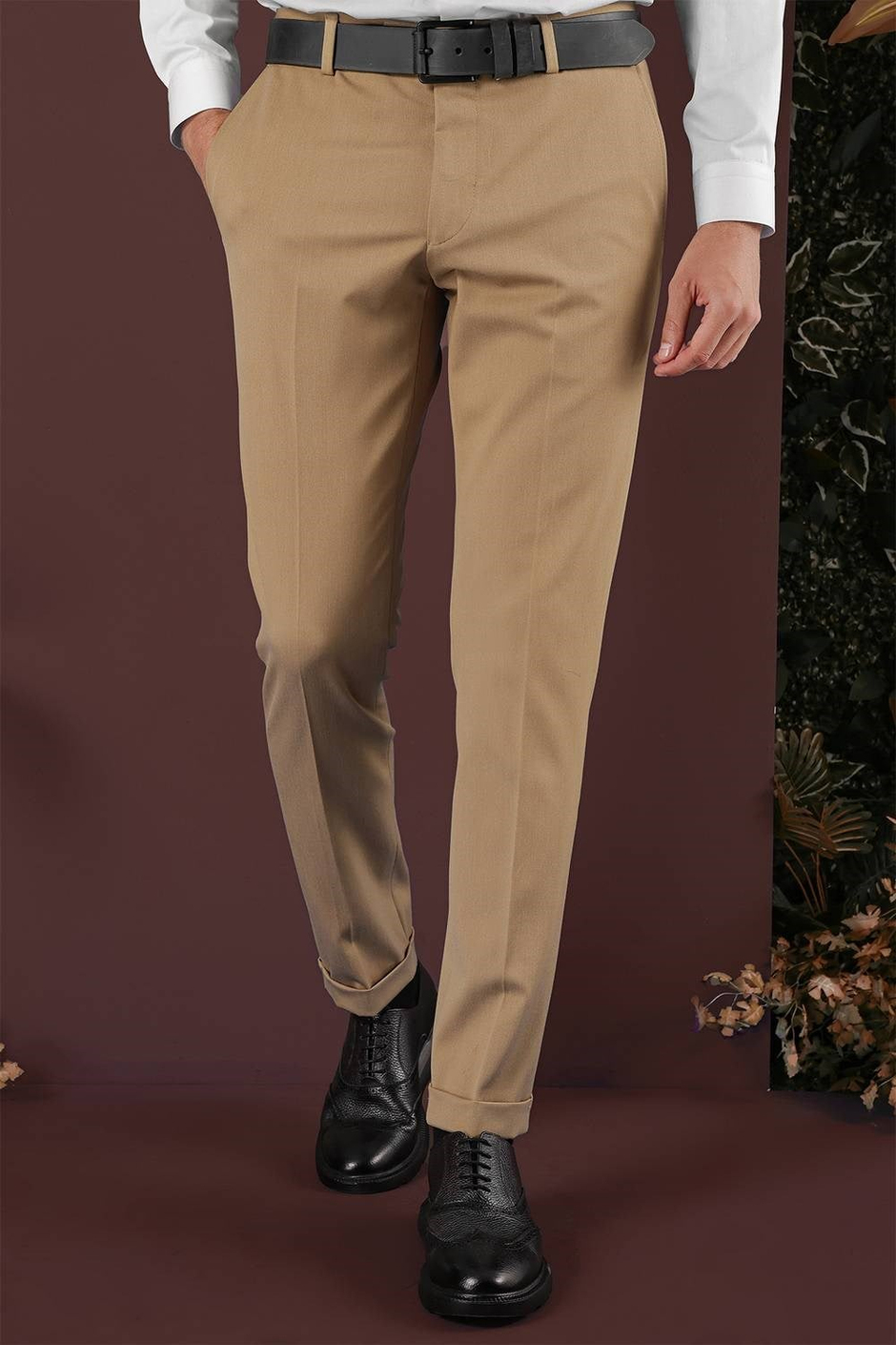 Slim Fit Esnek Yünlü Duble Paça Düz Taba Kumaş Pantolon P 1137