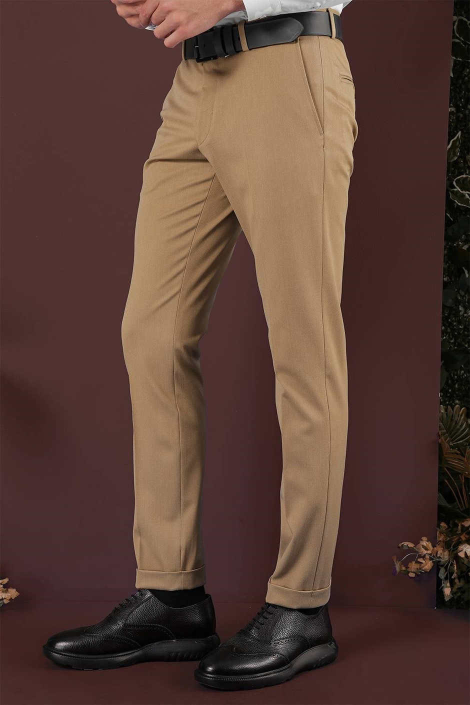 Slim Fit Esnek Yünlü Duble Paça Düz Taba Kumaş Pantolon P 1137