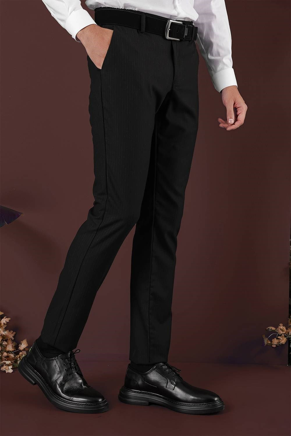Slim Fit Esnek Yünlü İnce Çizgili Siyah Pantolon P 1136