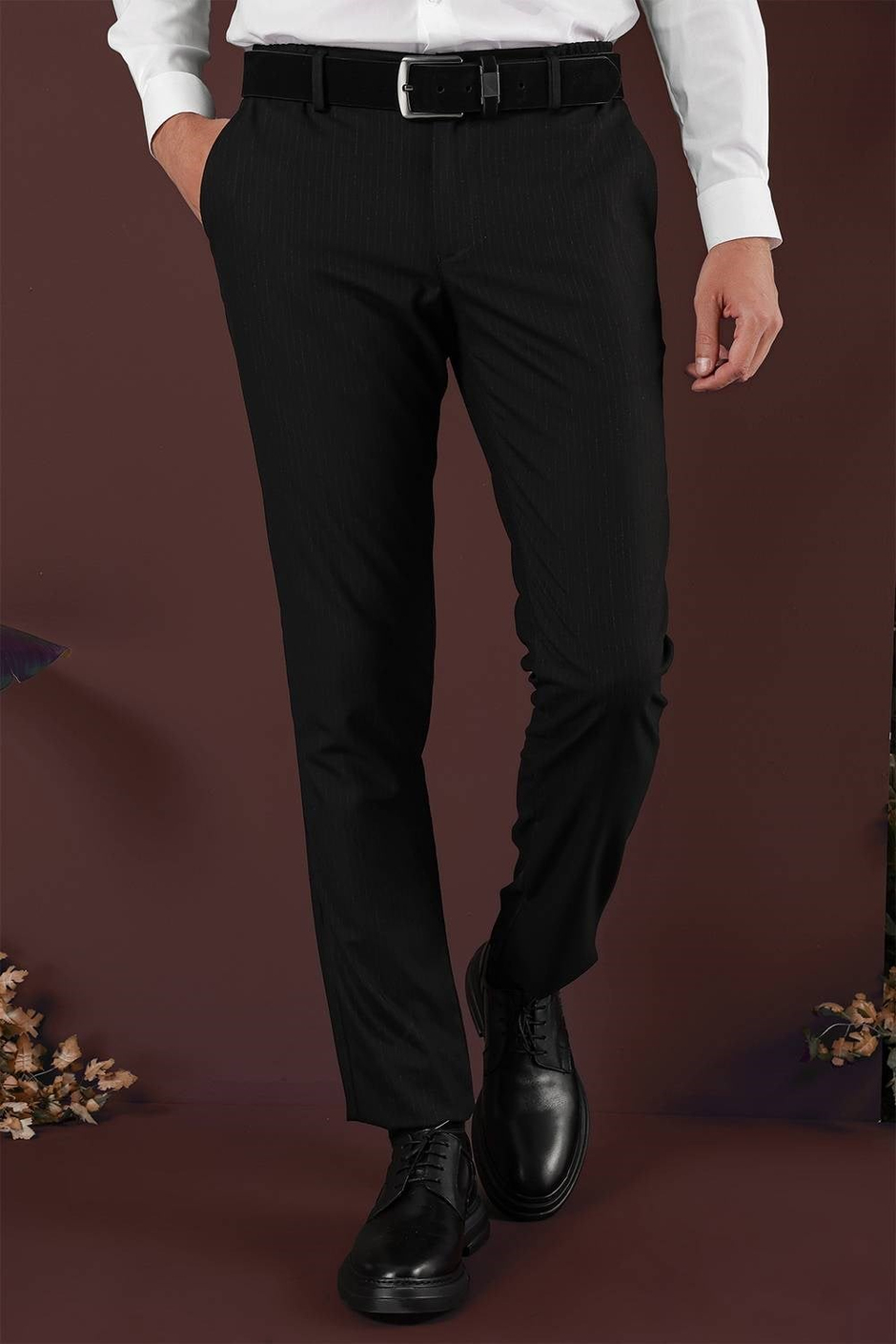 Slim Fit Esnek Yünlü İnce Çizgili Siyah Pantolon P 1136