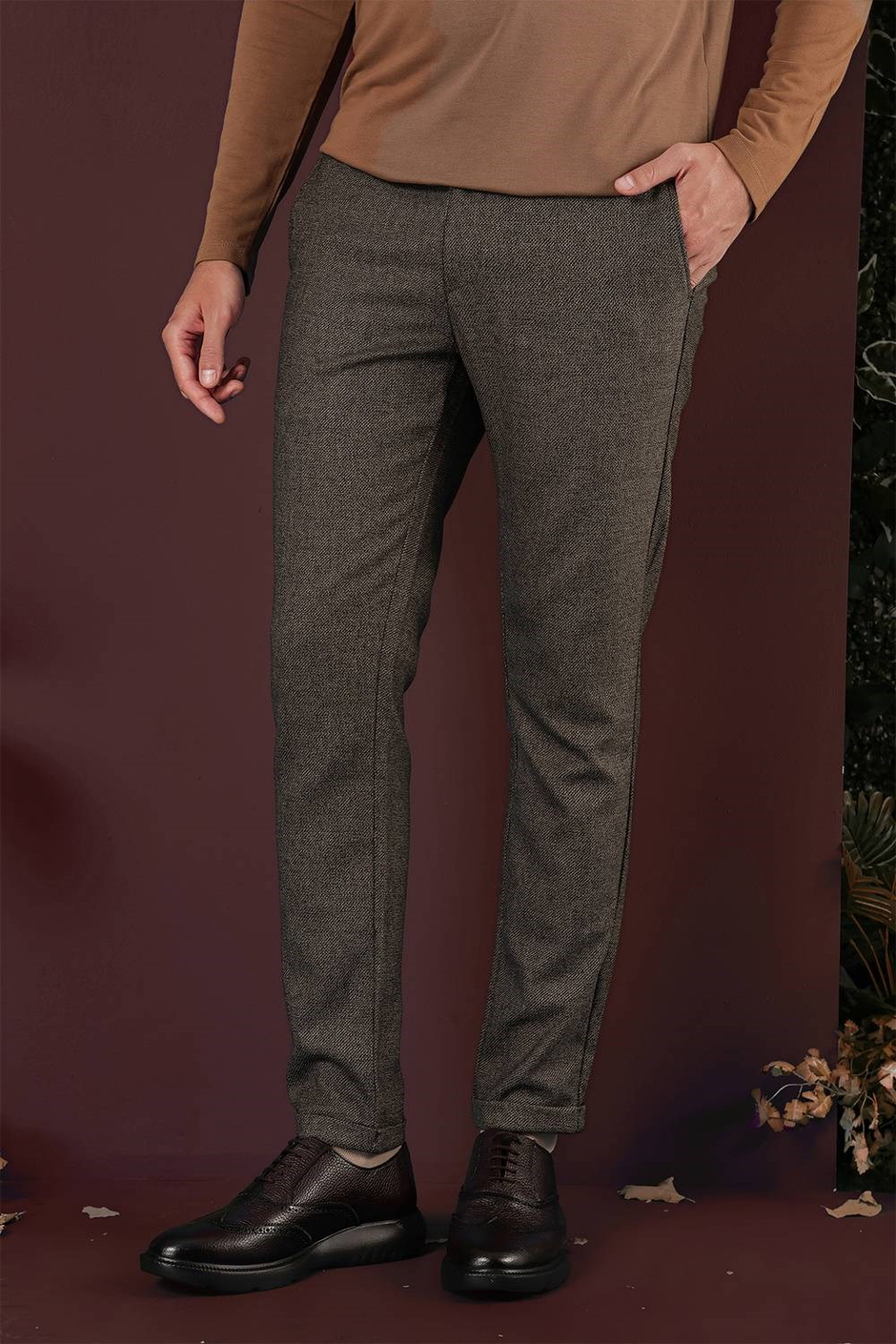 Slim Fit Esnek Yünlü Kırçıllı Dokuma Kahverengi Pantolon P 1138