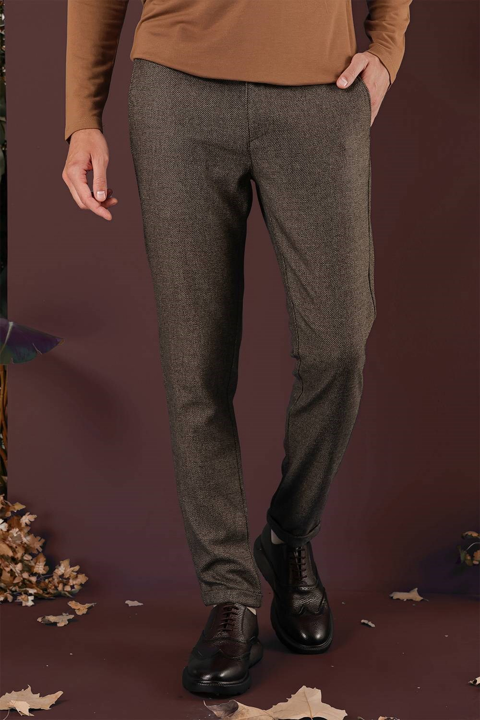 Slim Fit Esnek Yünlü Kırçıllı Dokuma Kahverengi Pantolon P 1138