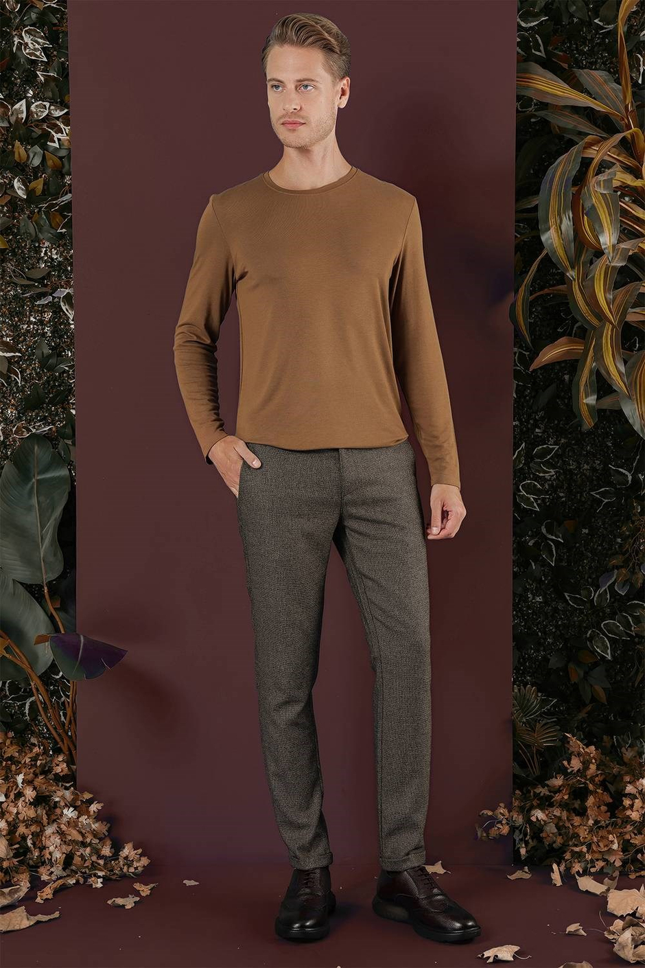 Slim Fit Esnek Yünlü Kırçıllı Dokuma Kahverengi Pantolon P 1138