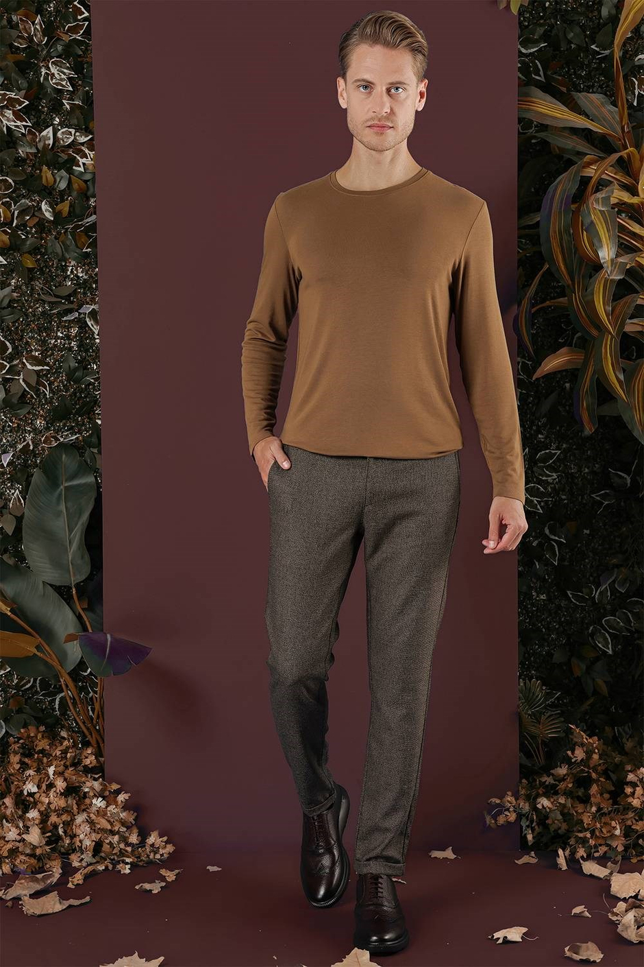 Slim Fit Esnek Yünlü Kırçıllı Dokuma Kahverengi Pantolon P 1138