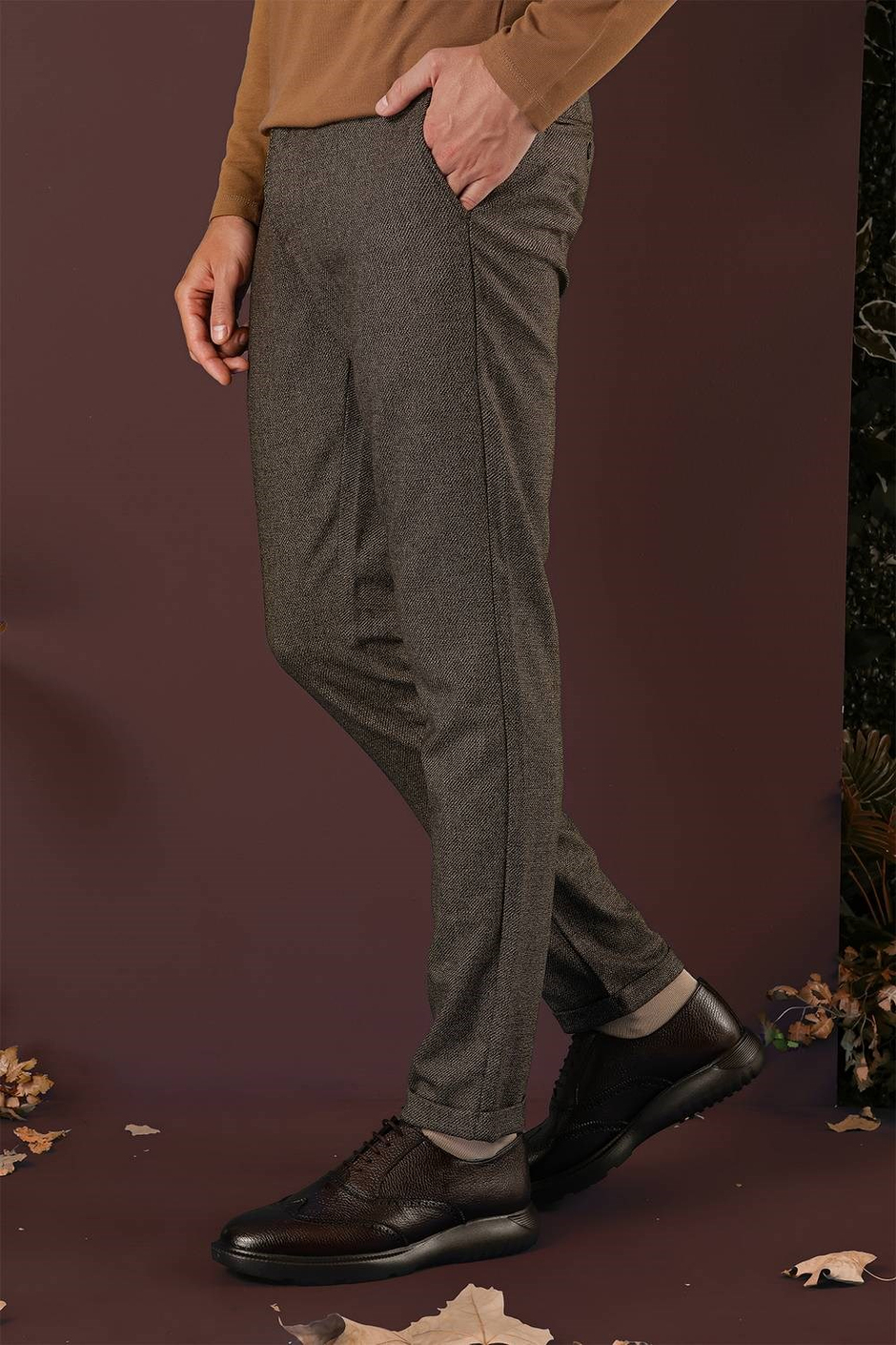 Slim Fit Esnek Yünlü Kırçıllı Dokuma Kahverengi Pantolon P 1138