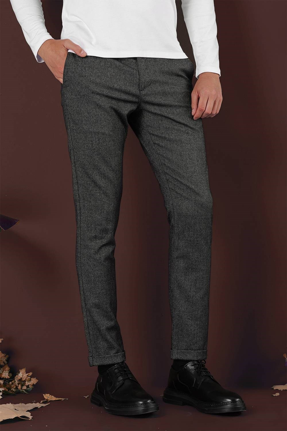 Slim Fit Esnek Yünlü Kırçıllı Dokuma Siyah Pantolon P 1138