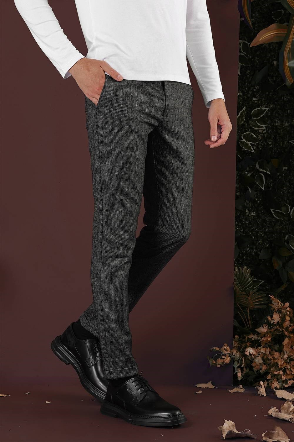 Slim Fit Esnek Yünlü Kırçıllı Dokuma Siyah Pantolon P 1138