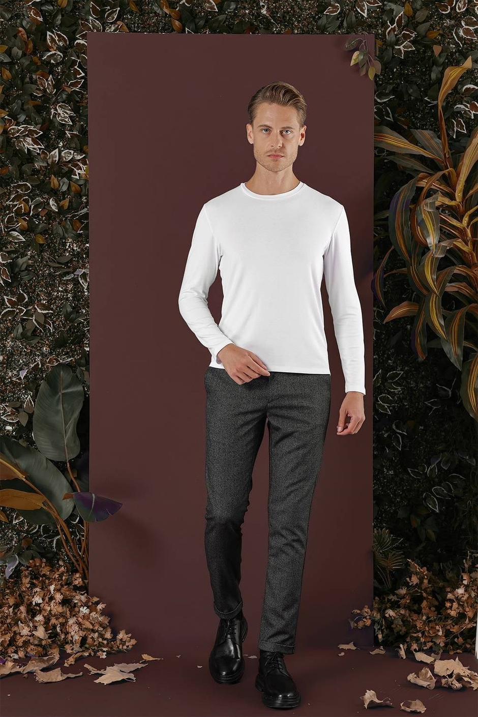 Slim Fit Esnek Yünlü Kırçıllı Dokuma Siyah Pantolon P 1138