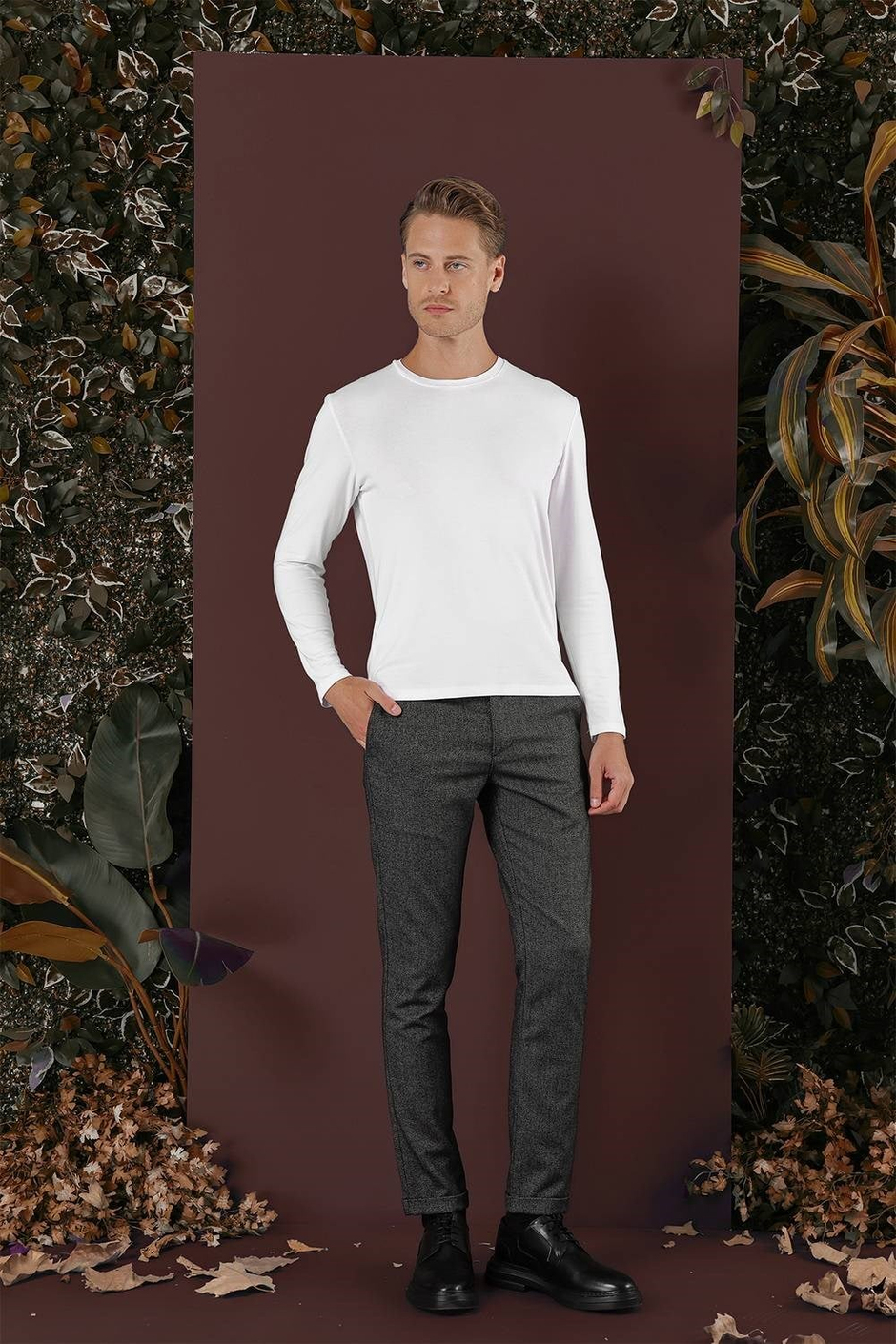 Slim Fit Esnek Yünlü Kırçıllı Dokuma Siyah Pantolon P 1138