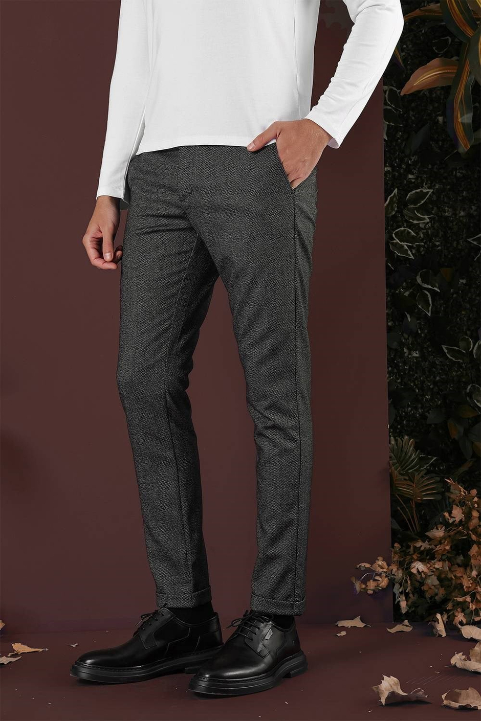 Slim Fit Esnek Yünlü Kırçıllı Dokuma Siyah Pantolon P 1138