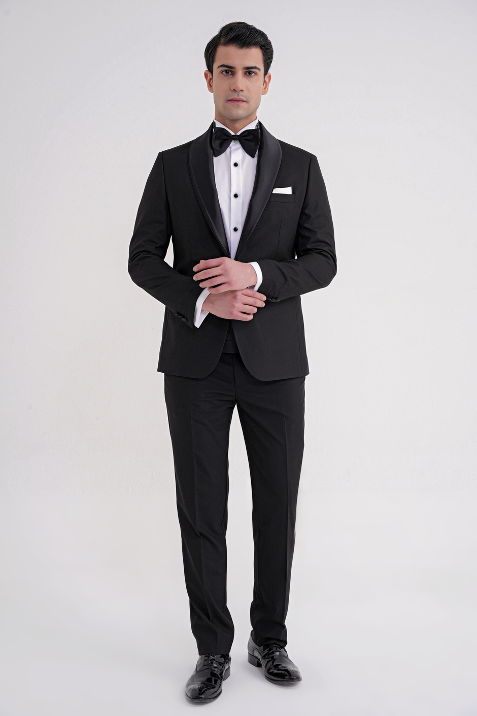 Slim Fit Fleto Cep Çıkarılabilir Saten Şal Yaka Siyah Damatlık Smokin Takım Black 086