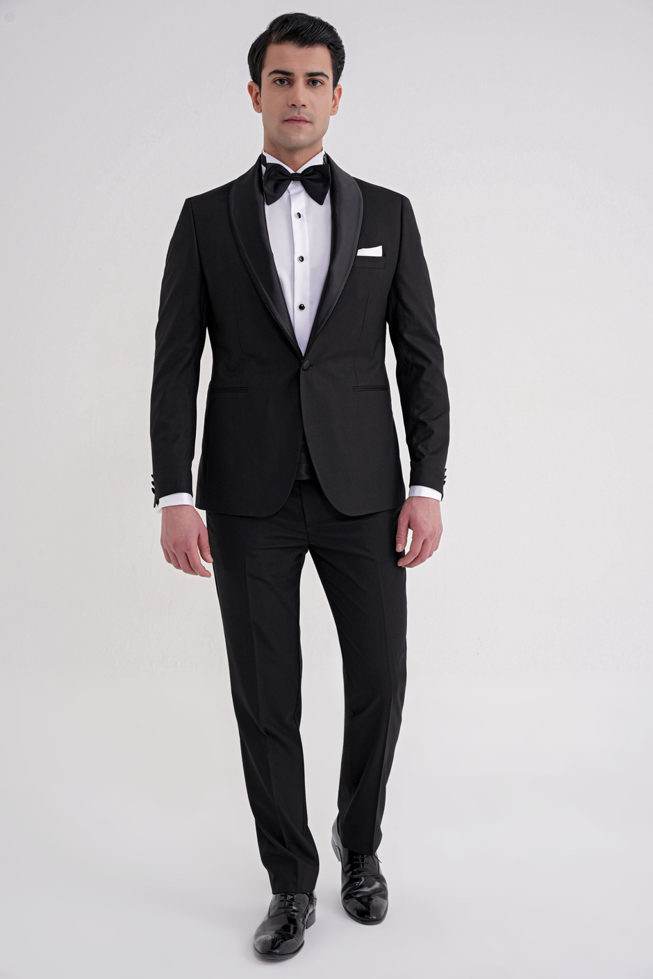 Slim Fit Fleto Cep Çıkarılabilir Saten Şal Yaka Siyah Damatlık Smokin Takım Black 086