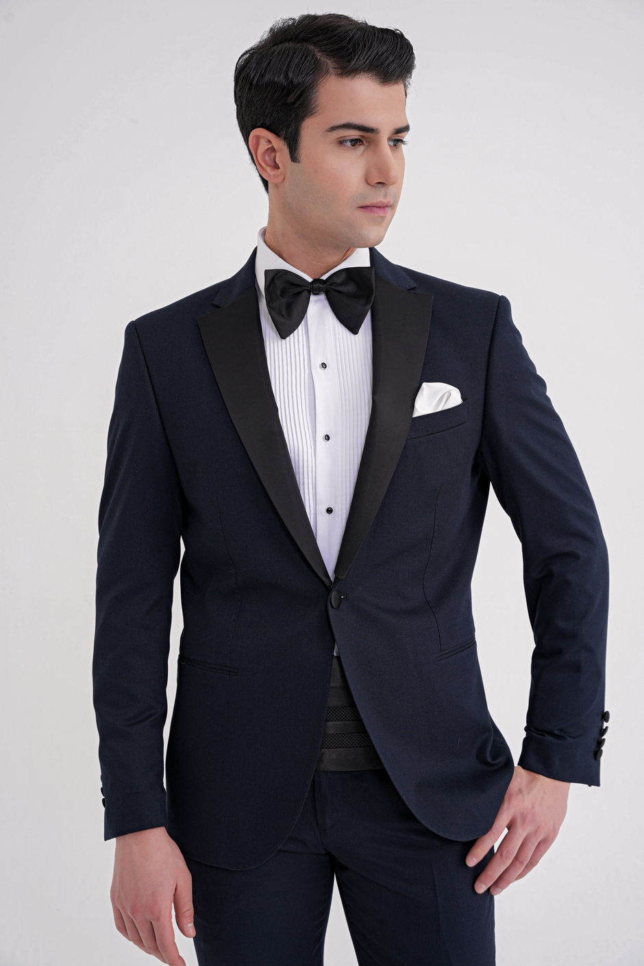 Slim Fit Fleto Cep Çıkarılabilir Saten Yaka Düz Lacivert Damatlık Smokin Takım Altro 032