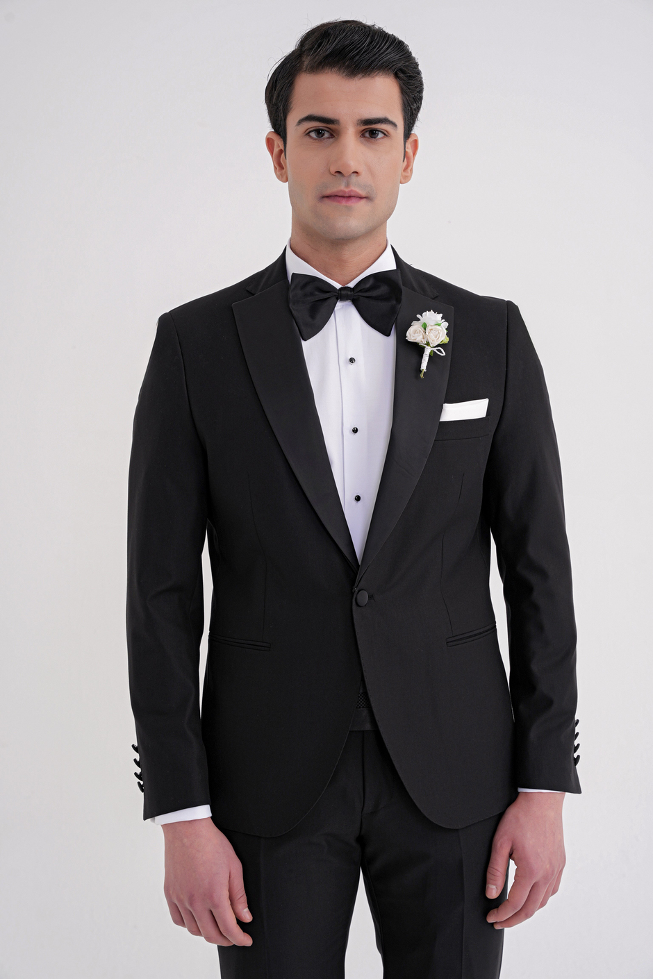 Slim Fit Fleto Cep Çıkarılabilir Saten Yaka Düz Siyah Damatlık Smokin Takım Altro 032