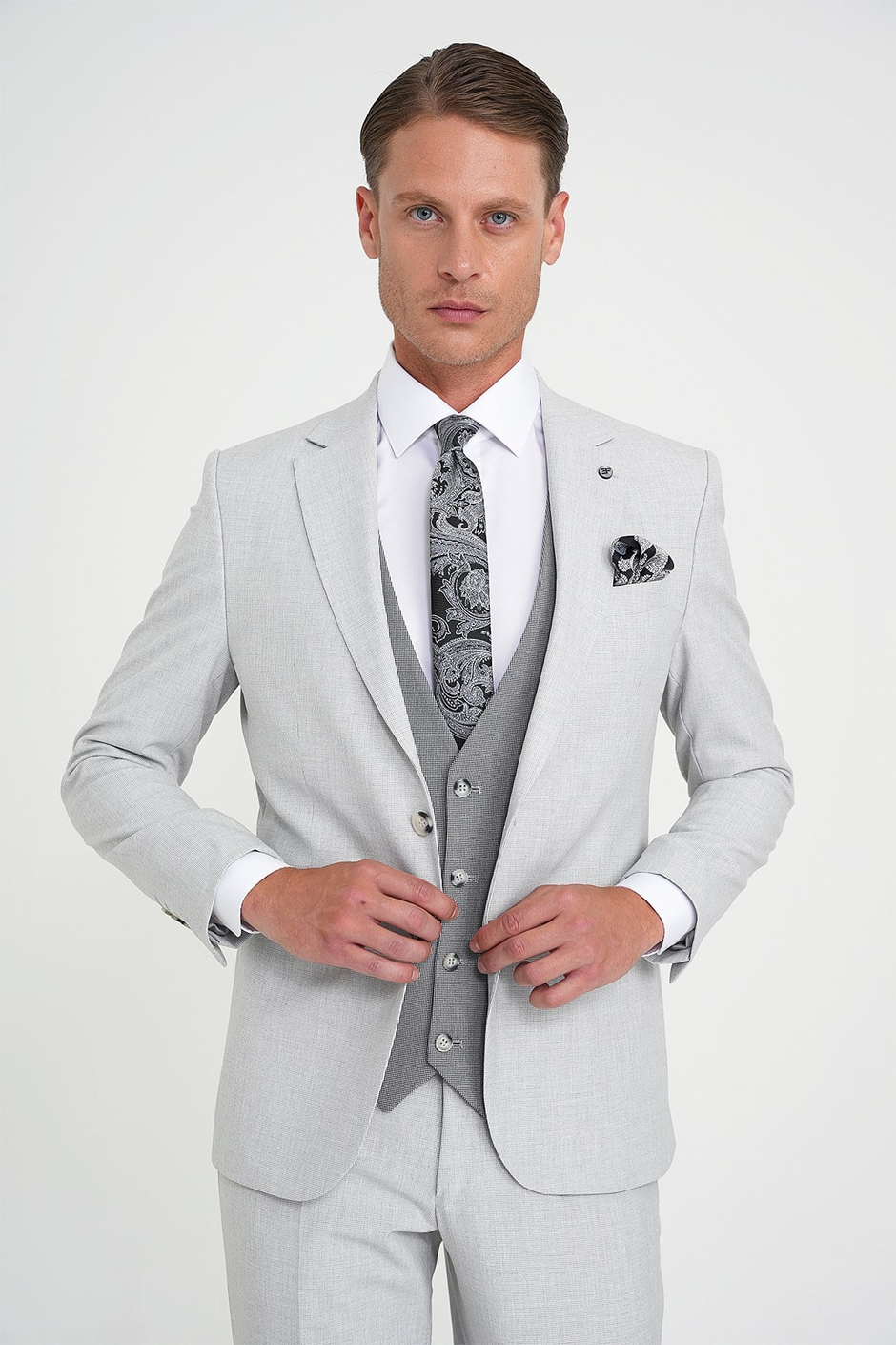 Slim Fit Fleto Cep Pötikare Desenli Yelekli Gri Takım Elbise Tk 922