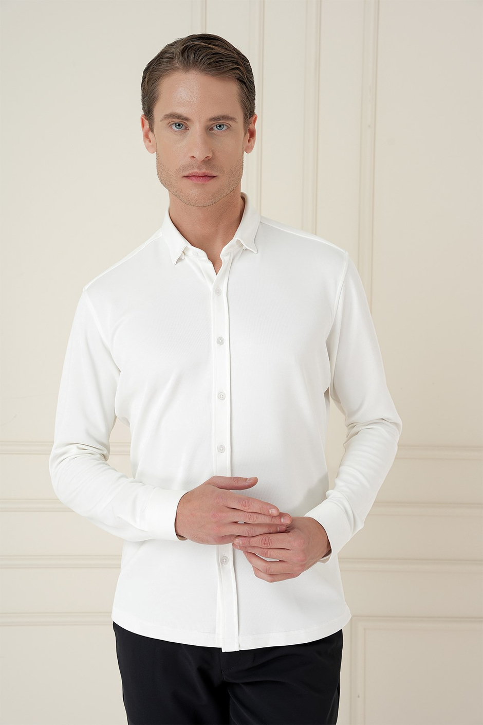 Slim Fit Gizli Düğme Yakalı Esnek Pamuk Ekru Gömlek G 1583