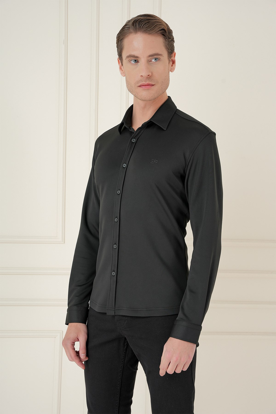 Slim Fit Gizli Düğme Yakalı Esnek Pamuk Siyah Gömlek G 1583