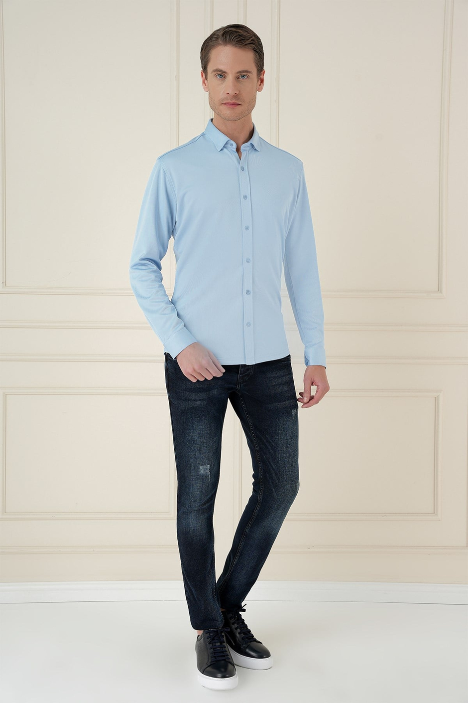 Slim Fit Gizli Düğme Yakalı Esnek Pamuk Mavi Gömlek G 1583