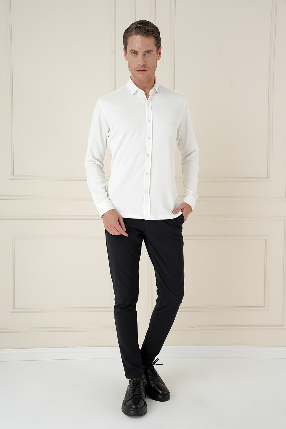 Slim Fit Gizli Düğme Yakalı Esnek Pamuk Ekru Gömlek G 1583