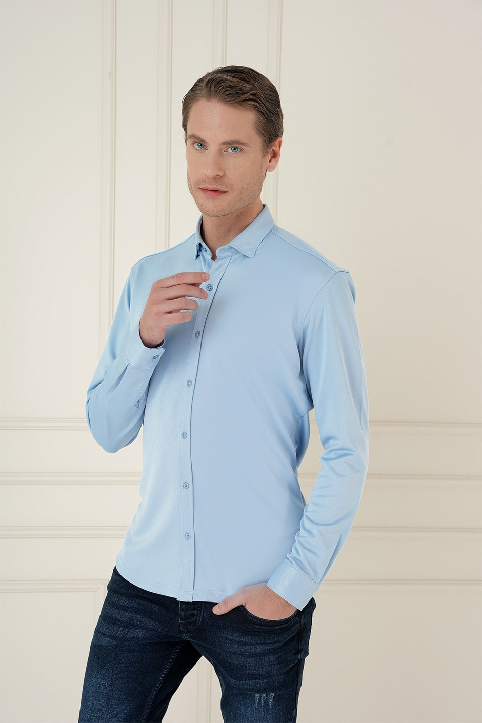 Slim Fit Gizli Düğme Yakalı Esnek Pamuk Mavi Gömlek G 1583