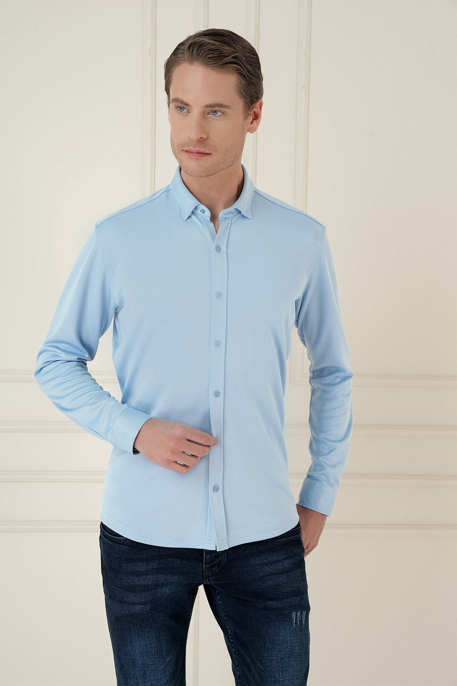Slim Fit Gizli Düğme Yakalı Esnek Pamuk Mavi Gömlek G 1583