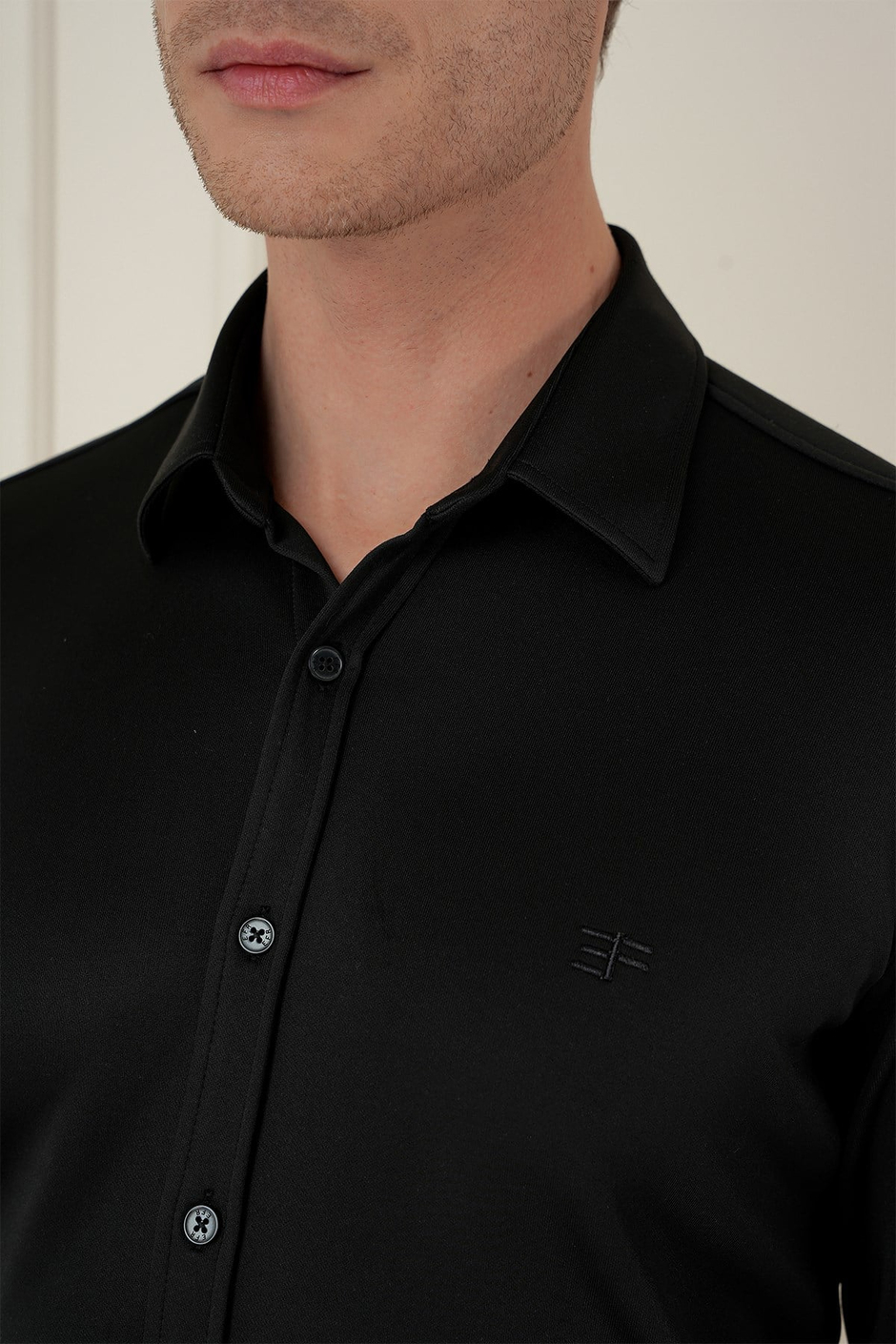 Slim Fit Gizli Düğme Yakalı Esnek Pamuk Siyah Gömlek G 1583