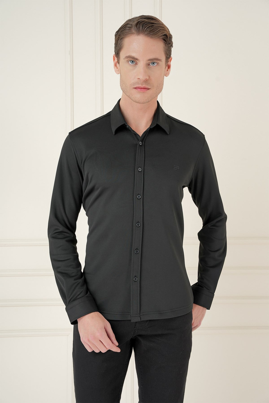 Slim Fit Gizli Düğme Yakalı Esnek Pamuk Siyah Gömlek G 1583