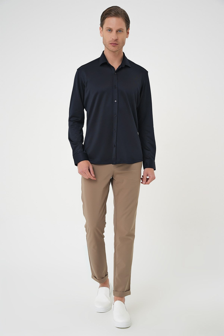 Slim Fit Gizli Düğme Yakalı Esnek Pamuk Lacivert Gömlek G 1583