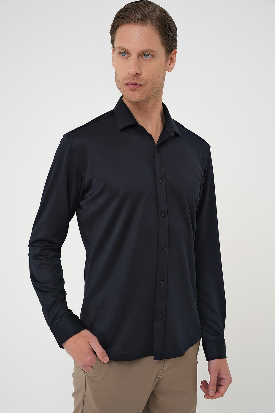 Slim Fit Gizli Düğme Yakalı Esnek Pamuk Lacivert Gömlek G 1583