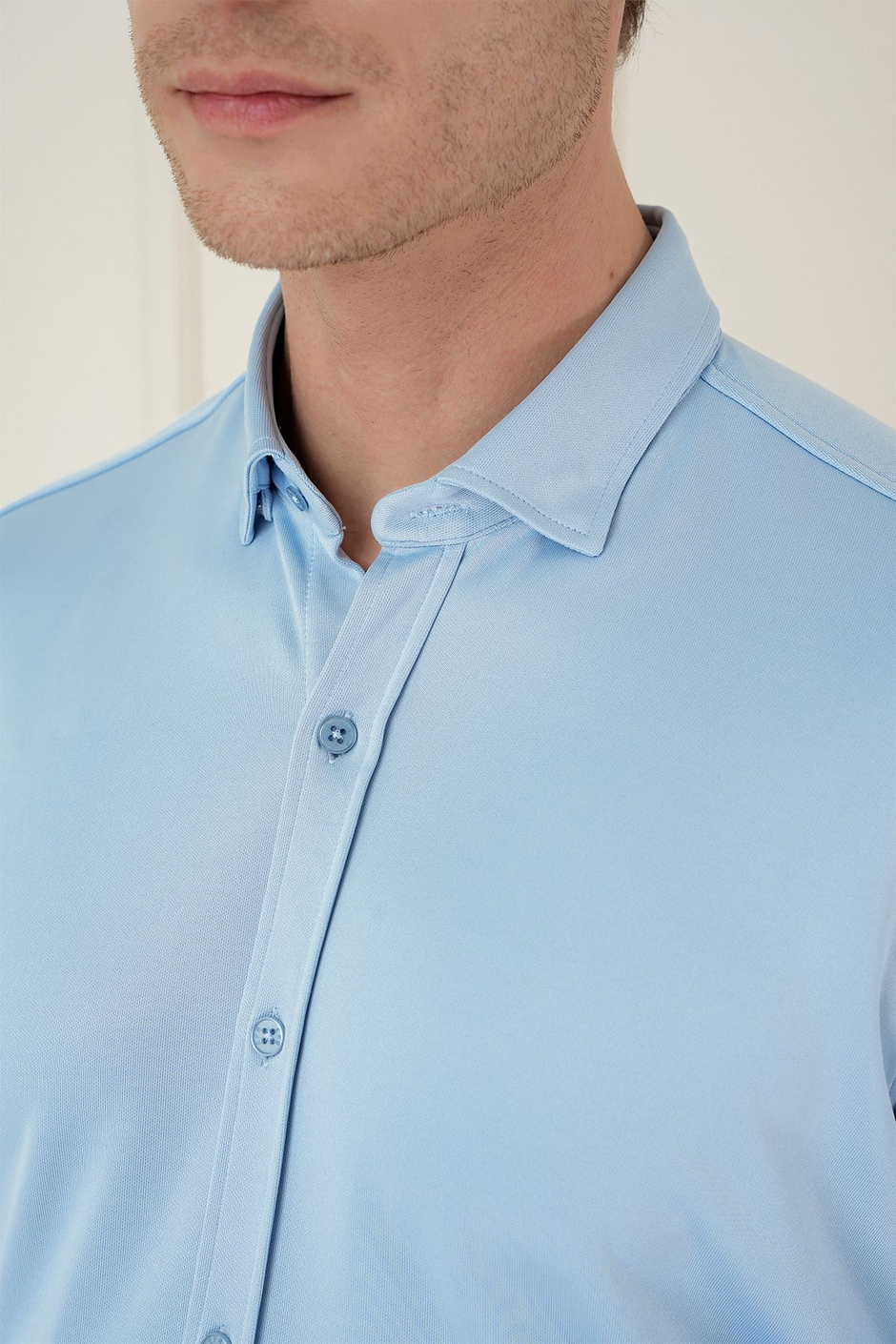 Slim Fit Gizli Düğme Yakalı Esnek Pamuk Mavi Gömlek G 1583