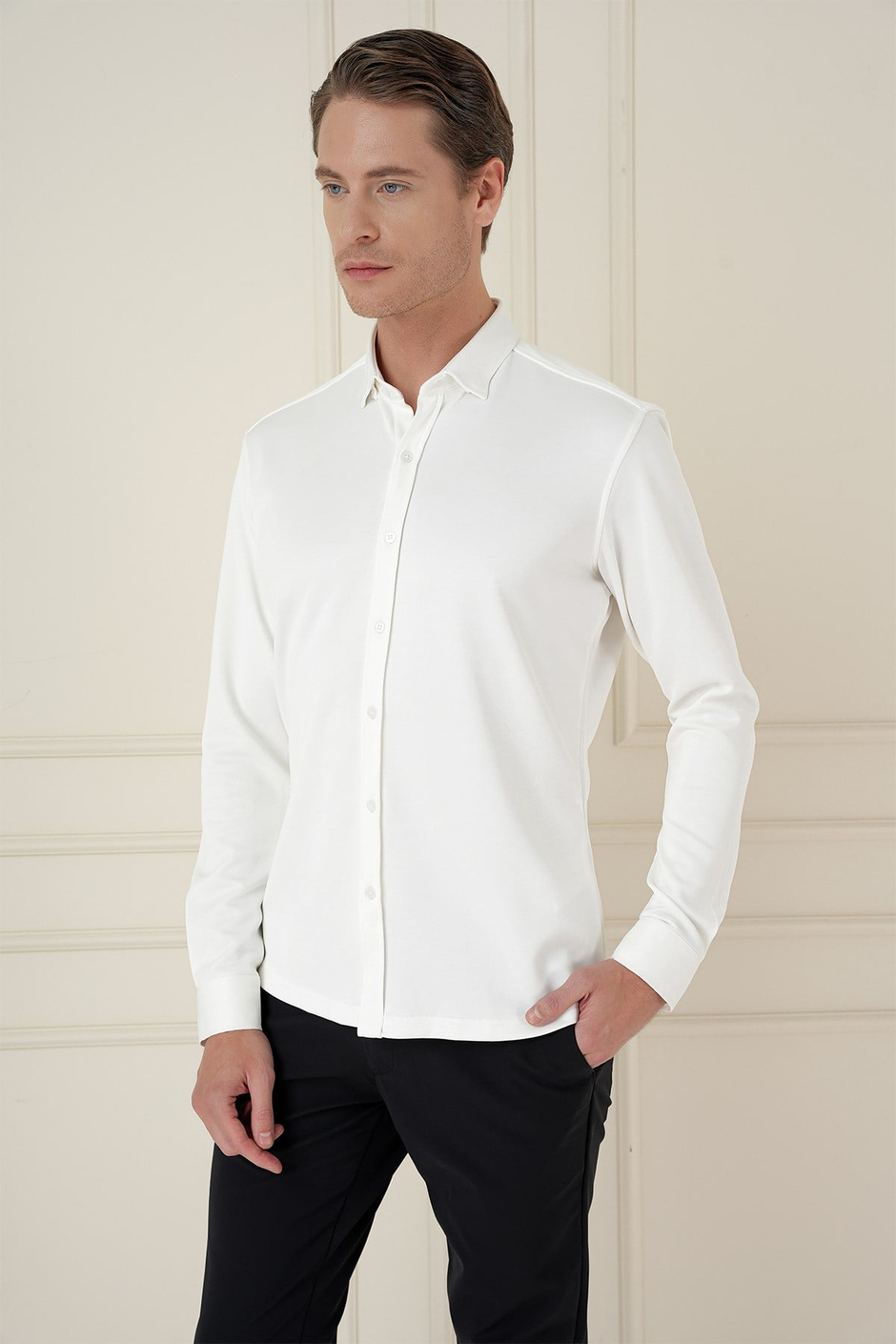 Slim Fit Gizli Düğme Yakalı Esnek Pamuk Ekru Gömlek G 1583