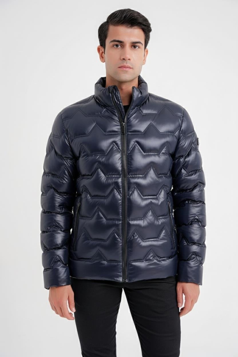 Slim Fit Hakim Yaka Yan Cepli Kaz Tüyü Lacivert Şişme Mont MT 175