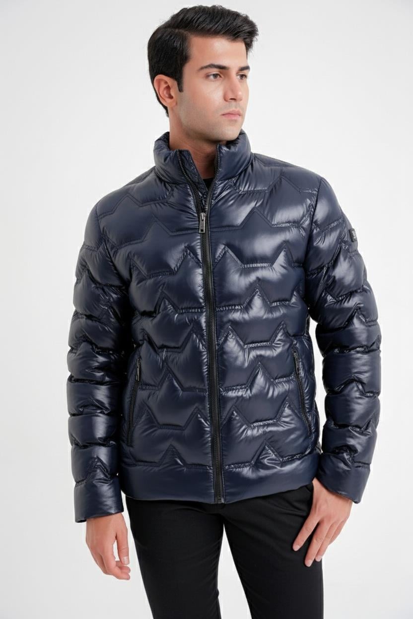 Slim Fit Hakim Yaka Yan Cepli Kaz Tüyü Lacivert Şişme Mont MT 175