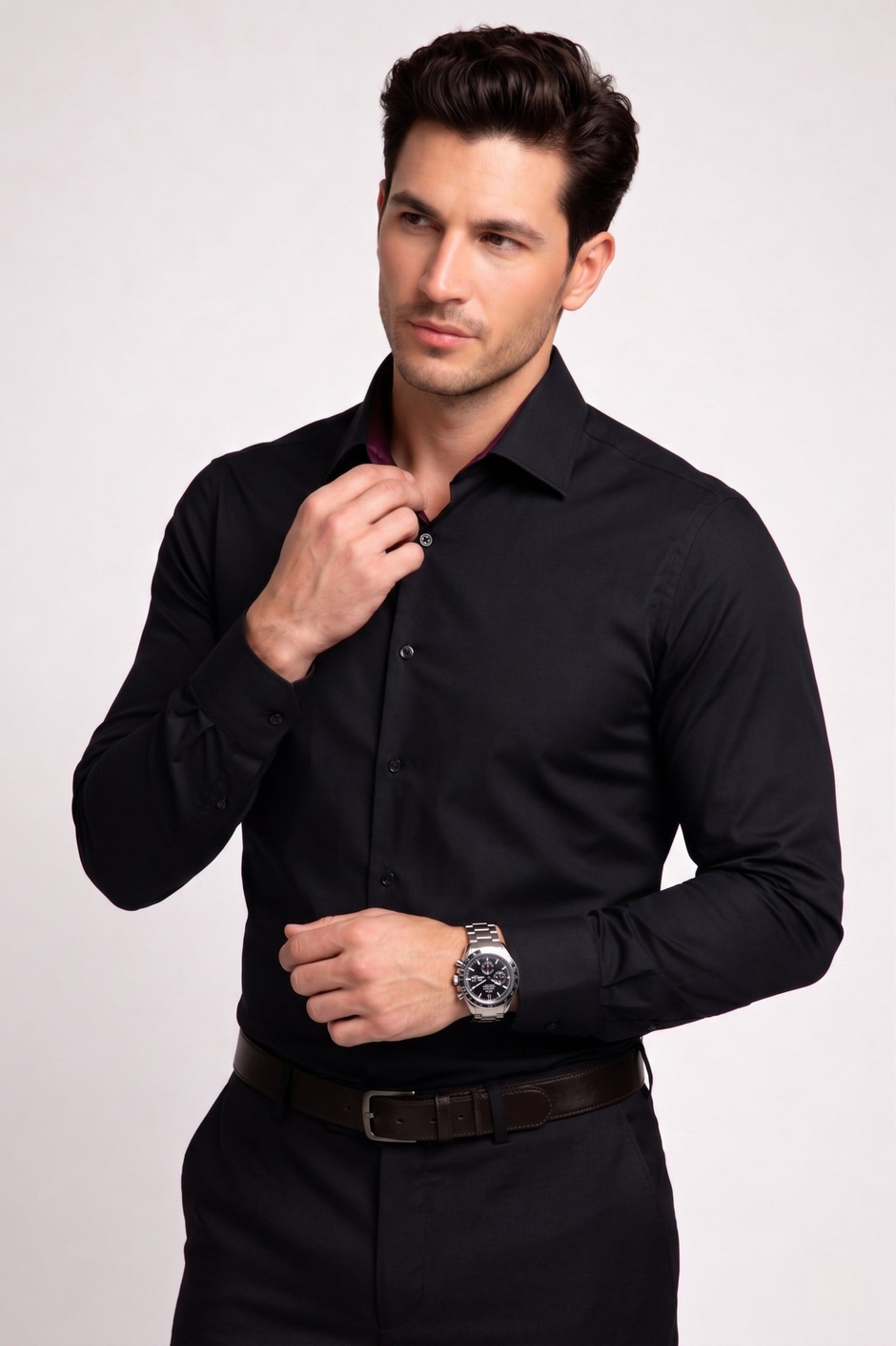 Slim Fit İtalyan Yaka Pamuklu Düz Siyah Gömlek GK 762