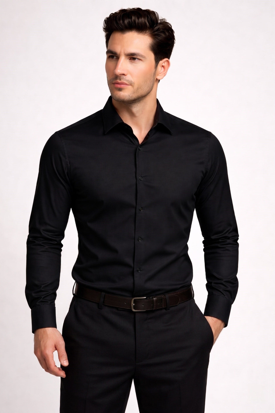 Slim Fit İtalyan Yaka Pamuklu Düz Siyah Gömlek GK 762