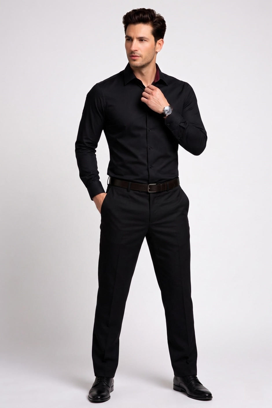 Slim Fit İtalyan Yaka Pamuklu Düz Siyah Gömlek GK 762