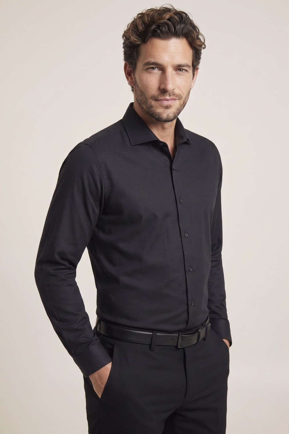 Slim Fit İtalyan Yaka Pamuklu Kolay Ütülenebilir Siyah Gömlek GK 761