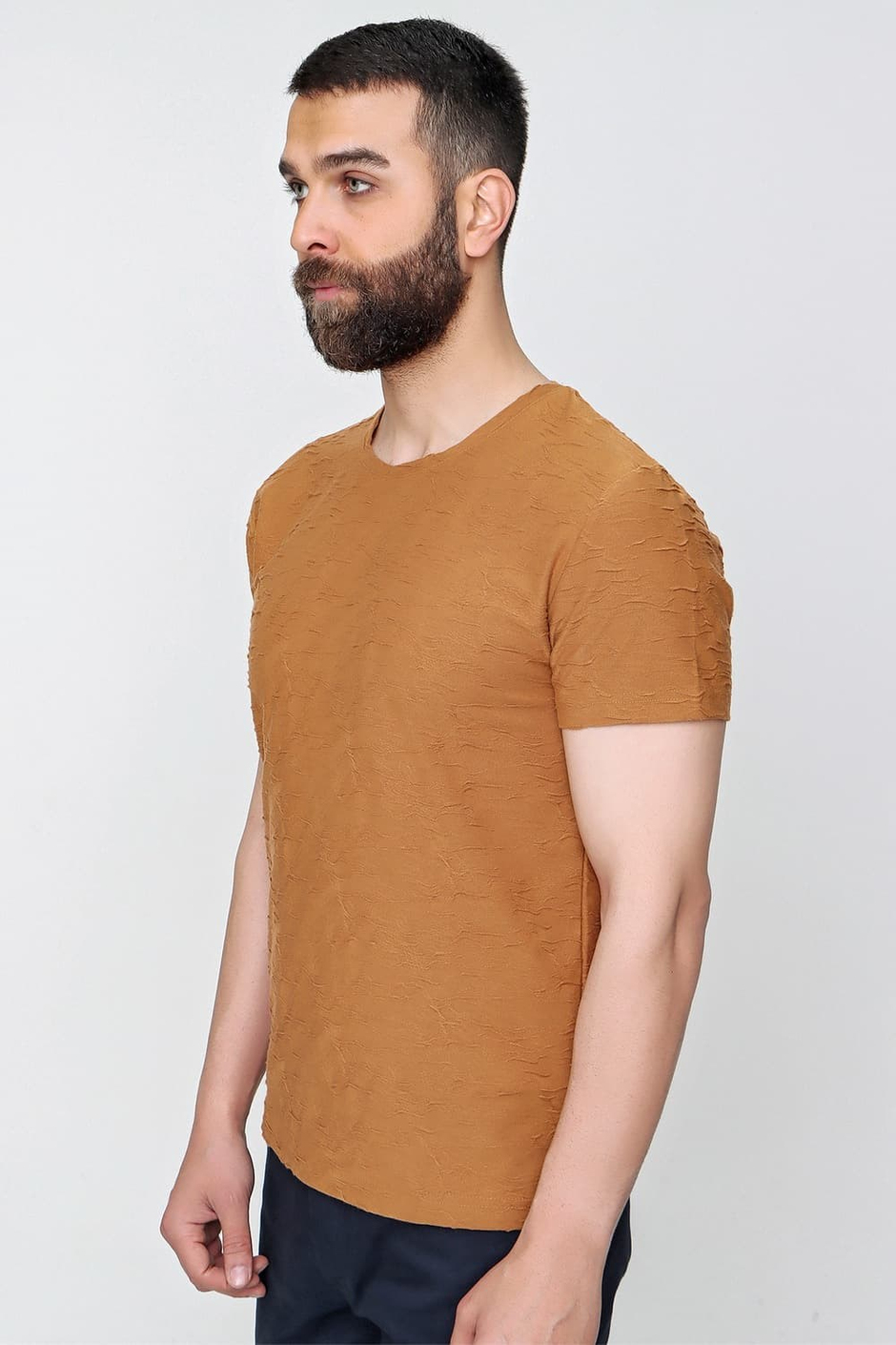 Slim Fit Kabartma Dokulu Pamuklu Bisiklet Yaka Bej Tişört TS 821