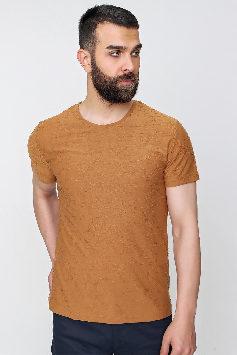 Slim Fit Kabartma Dokulu Pamuklu Bisiklet Yaka Bej Tişört TS 821