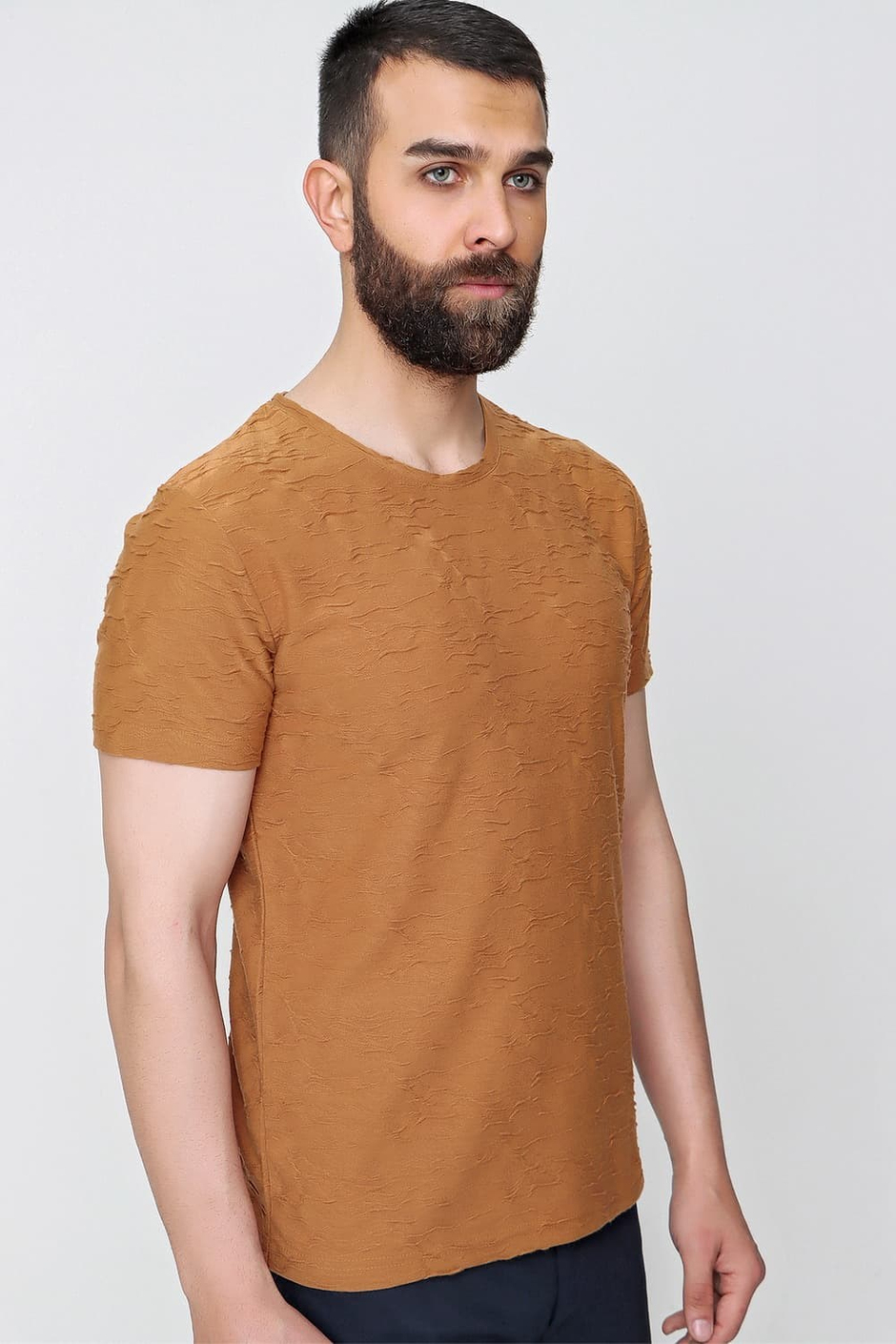 Slim Fit Kabartma Dokulu Pamuklu Bisiklet Yaka Bej Tişört TS 821