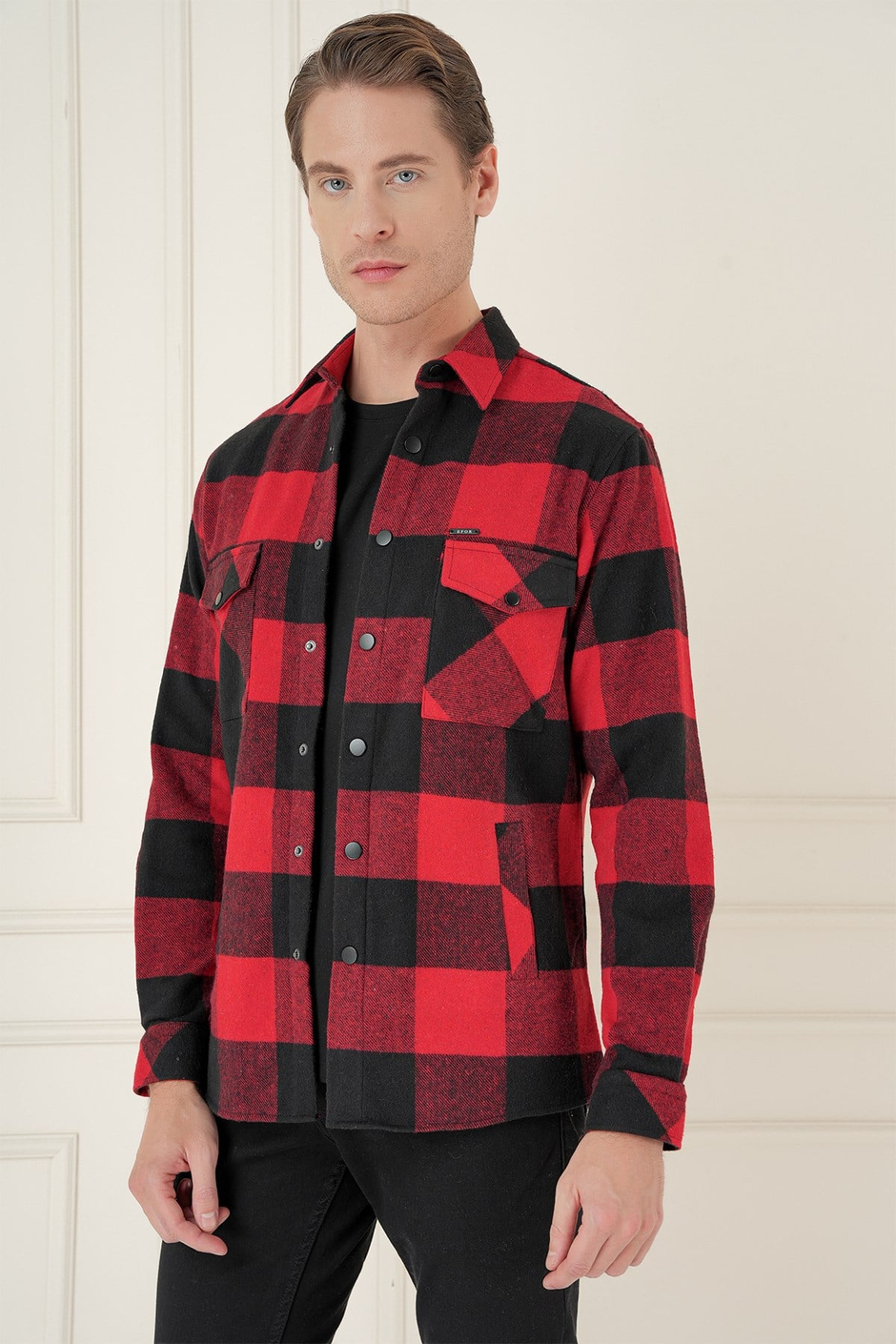 Slim Fit Kapaklı Cep Ekoseli Kırmızı Siyah Yünlü Oduncu Gömlek G 1579