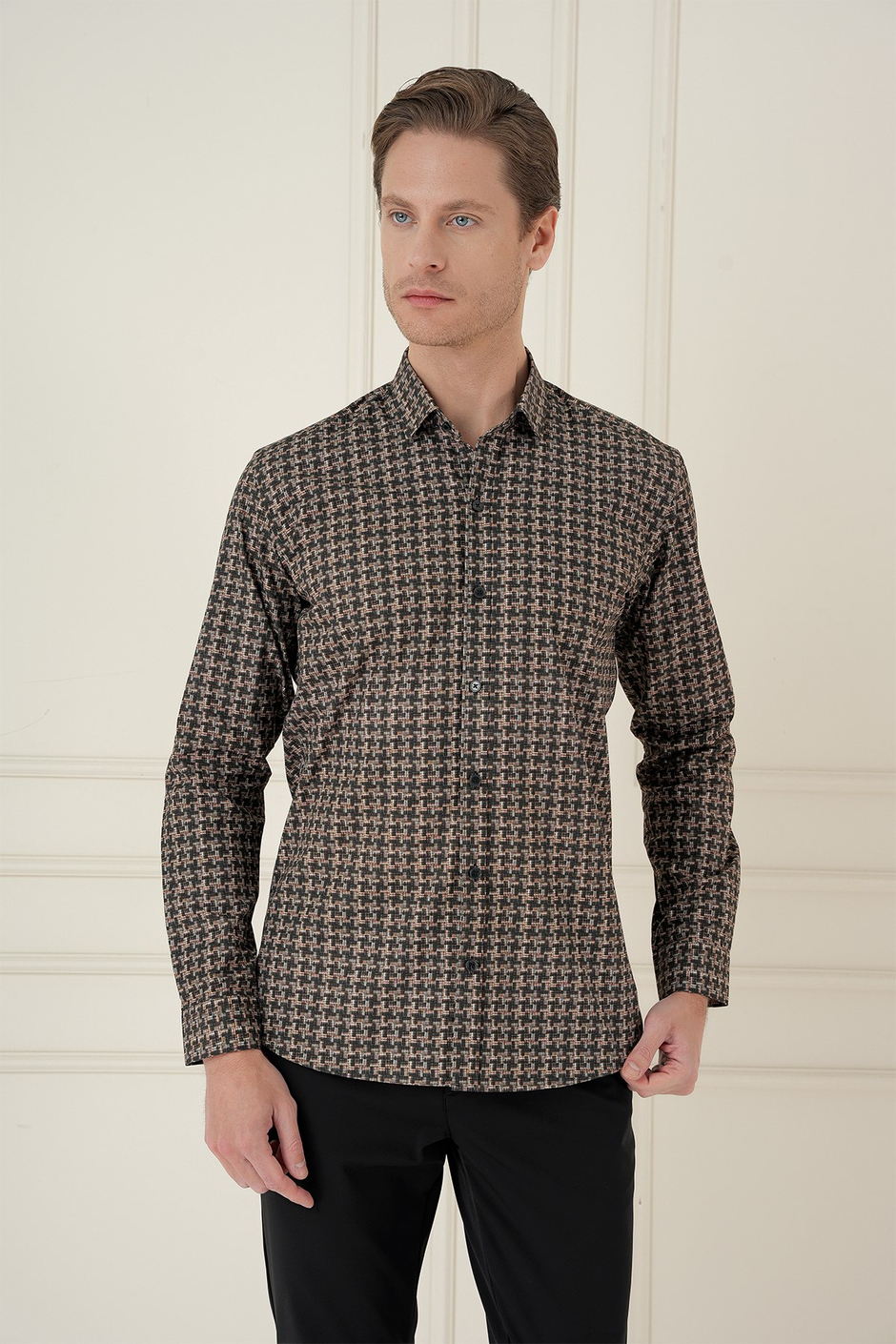 Slim Fit Kazayağı Desenli %100 Pamuk Casual Kahve Gömlek G 1585